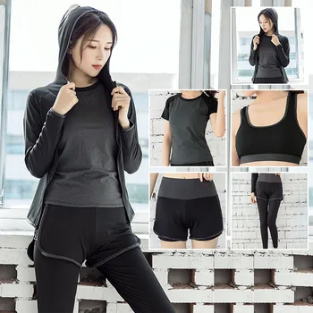 

High Waist Pants + Hooded Coat + T-Shirt +Bra + Yoga Women's Pants 4 Pcs Set Outdoor Run Fast Dry Fitness Sports Gym Clothes Set