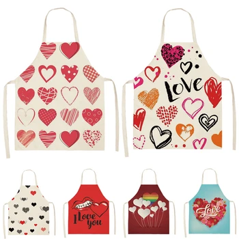

1Pcs Love Heart Pattern Cleaning Colorful Aprons Home Cooking Kitchen Apron Cook Wear Cotton Linen Adult Bibs 53*65cm WQL0207