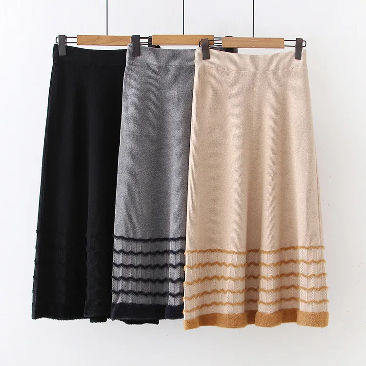 

2019 Autumn And Winter New Style Sweet Simple Solid Color Knitted Hem Wave High-waisted Slimming Skirt Long Skirts Women's