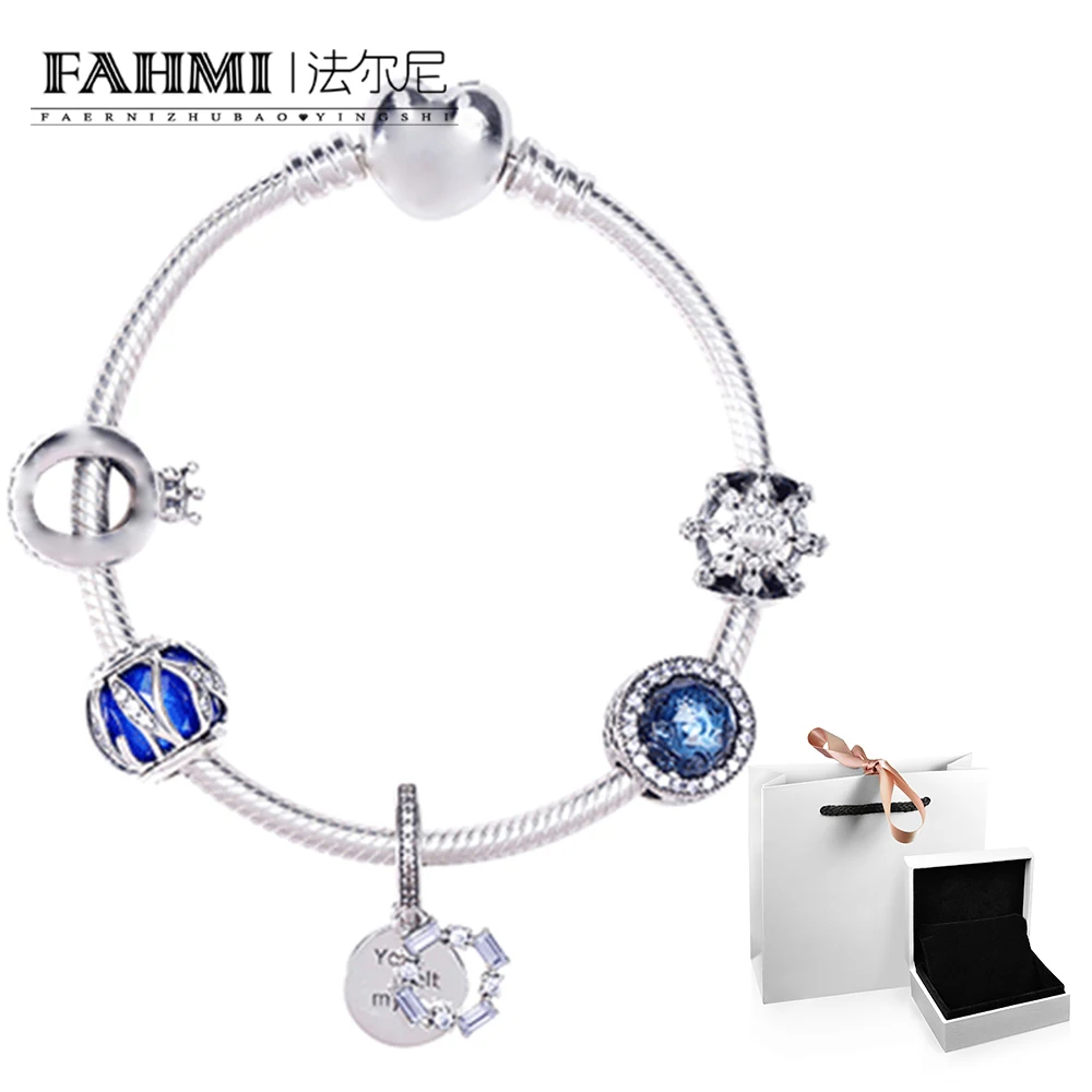 

FAHMI 100% 925 Sterling Silver 1:1 Blue Starry Fairytale Series Crown Combination DIY Beaded Bracelet Set D5907345 Charming Gift