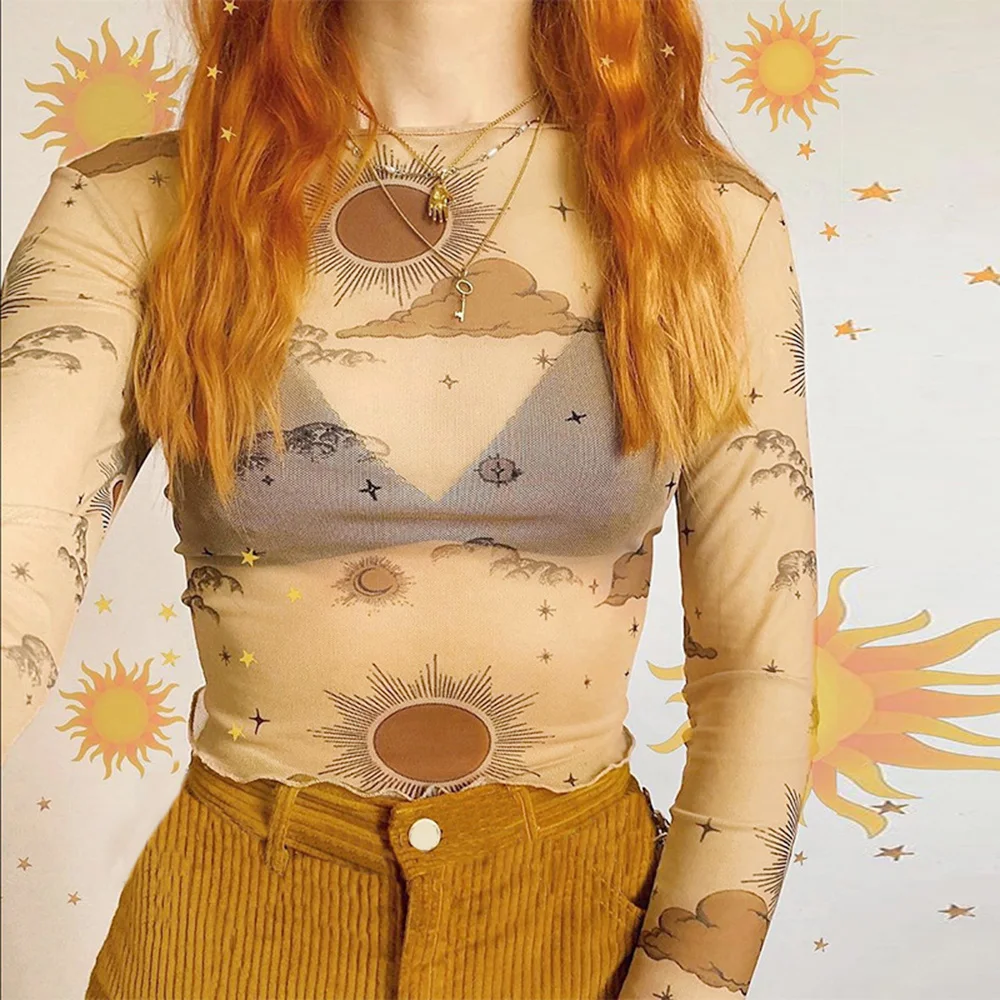 Женская прозрачная сетчатая укороченная футболка с длинным рукавом и принтом |