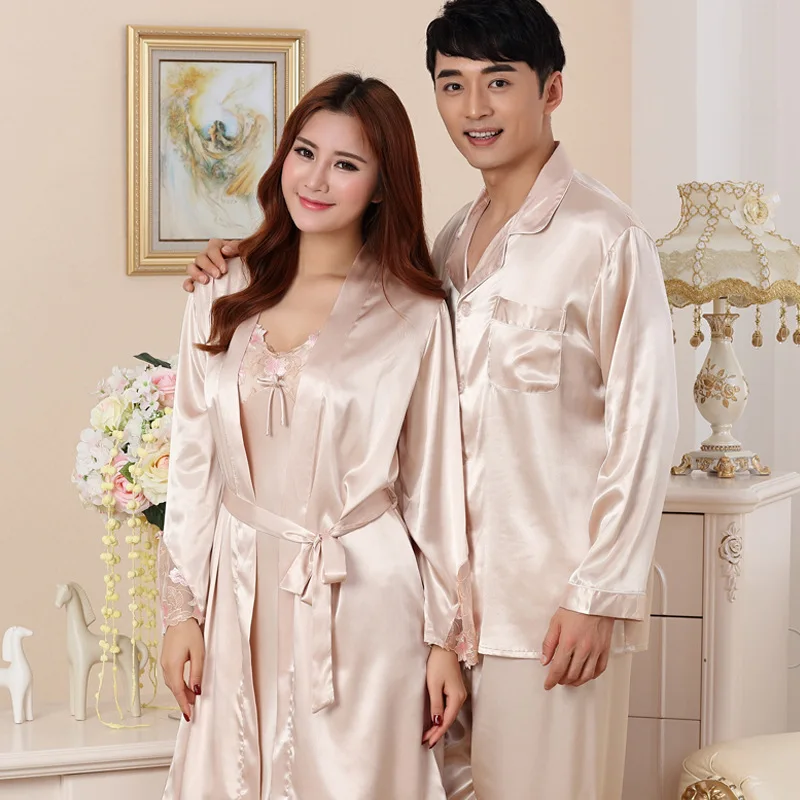 

Spring Couples Imitated Silk Fabric Pajamas Suit Plus-sized Menswear Long Sleeve Women's Sexy Silk Home Wear