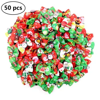 

50pcs/Pack Dog Puppy Cat Christmas Hairpin Headdress 3D Christmas Pattern Hair Bows With Rubber Bands Flat Pet Accessories