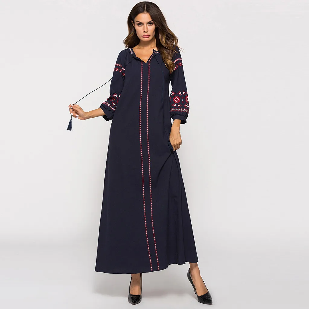 SELX Women Muslim Long Sleeve Crewneck Solid Modal Arabic Dress