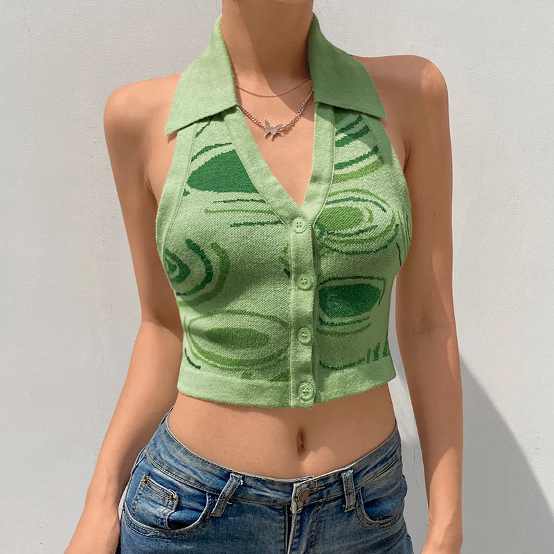 PROD 1005003157858070 ZOVSV Y2K Printed Sexy Backless Knit Halter Crop
Top Women Summer Casual Sleeveless Tank Top Tees Fashion Green V Neck
Vest