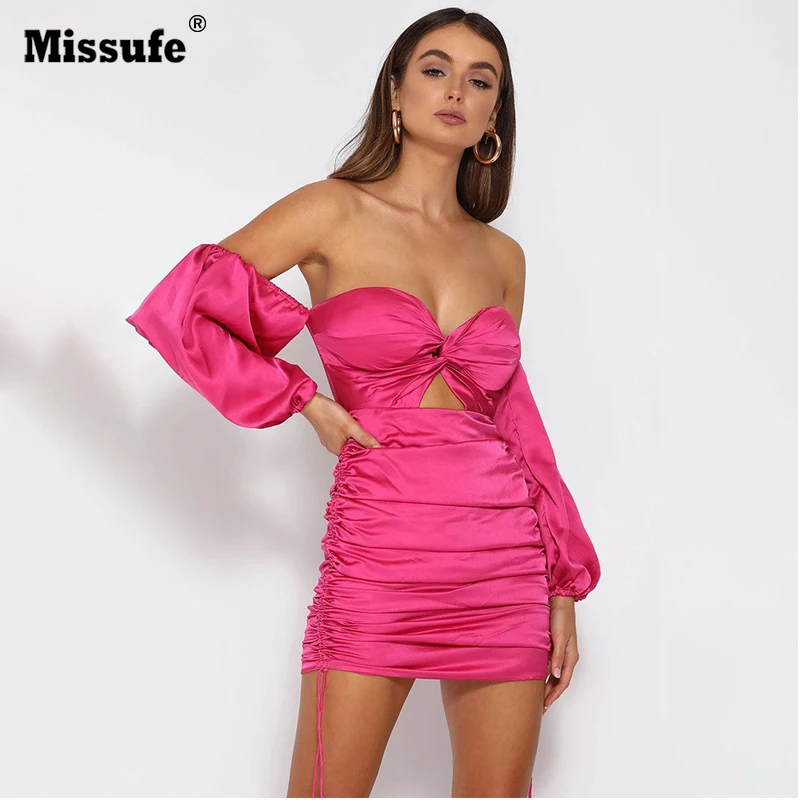 

Missufe Wrapped Chest Hollow Out Bandage Bodycon Dress Woman 2019 Autumn Puff Sleeves Drawstring Dew Backpack Party Women Dress