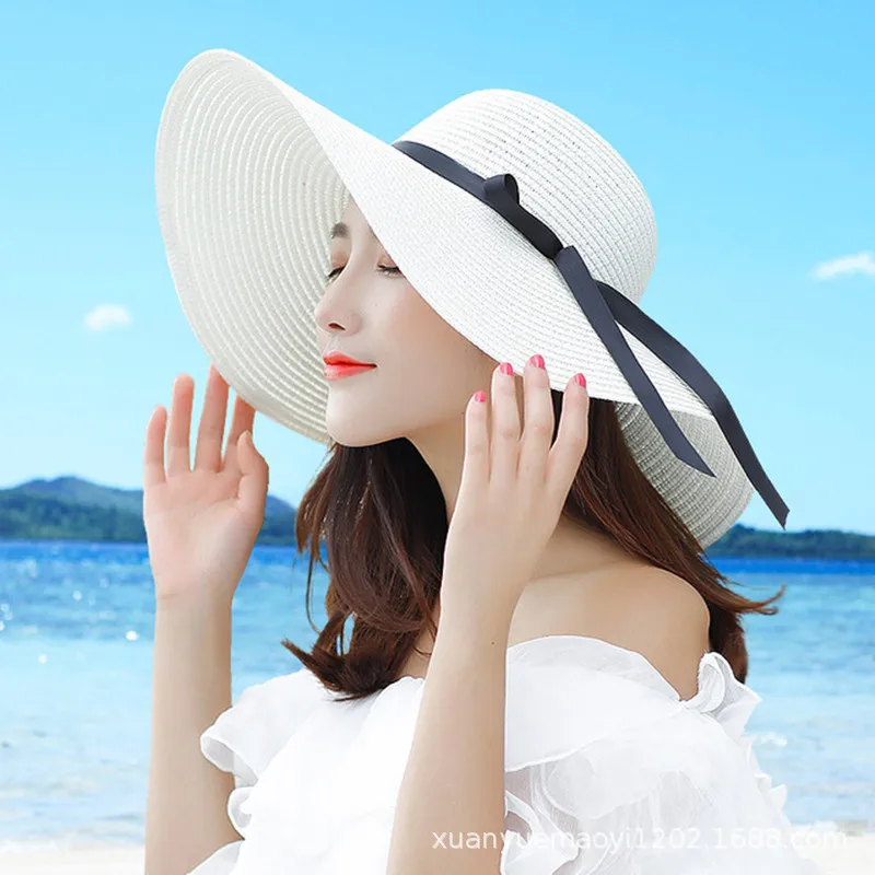 

Summer Straw Hat Women Wide Brim Beach Hat Sun Hat Foldable Sun Block UV Protection Panama Hat Bone Chapeu Feminino H26