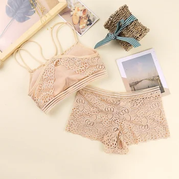 

Summer Anti-light Bra Set Cross Back Floral Side Solid Color Bra Push Up Bralette And Panty Bra Sets Sexy