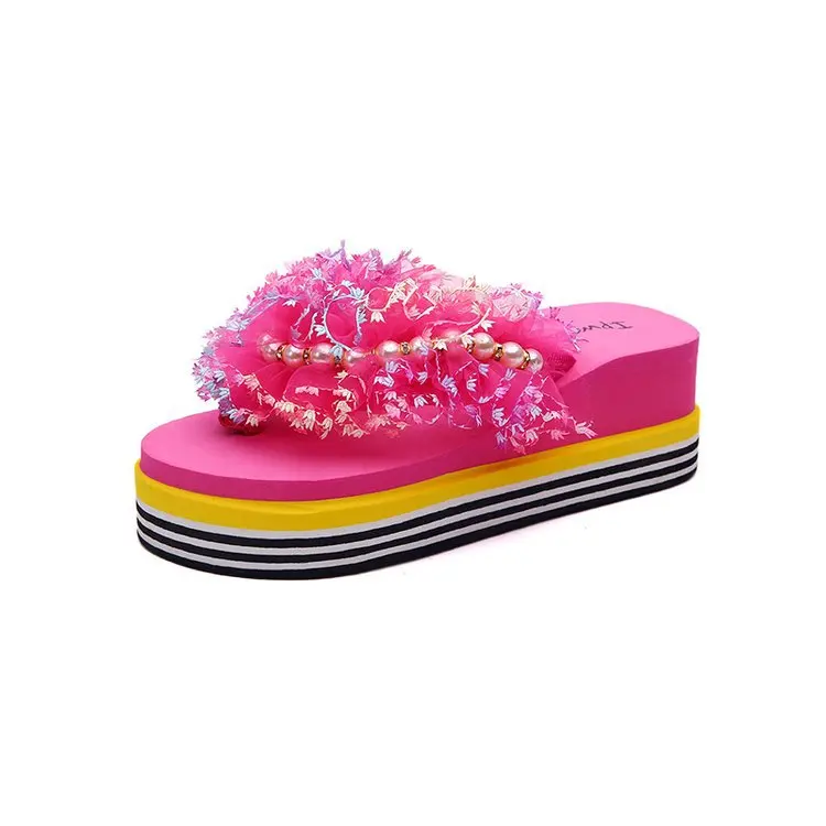 

2019 Summer Women's Slippers Slip-On Mixed Colors Platform Round Toe Casual Fashion Flat Heels Flat Lace Beach 36-40