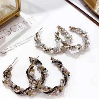 

MENGJIQIAO Korean New Style Handmade Cross Pearl Crystal Hoop Earrings For Women Jewelry Elegant Circle Boucle d'oreille Gifts