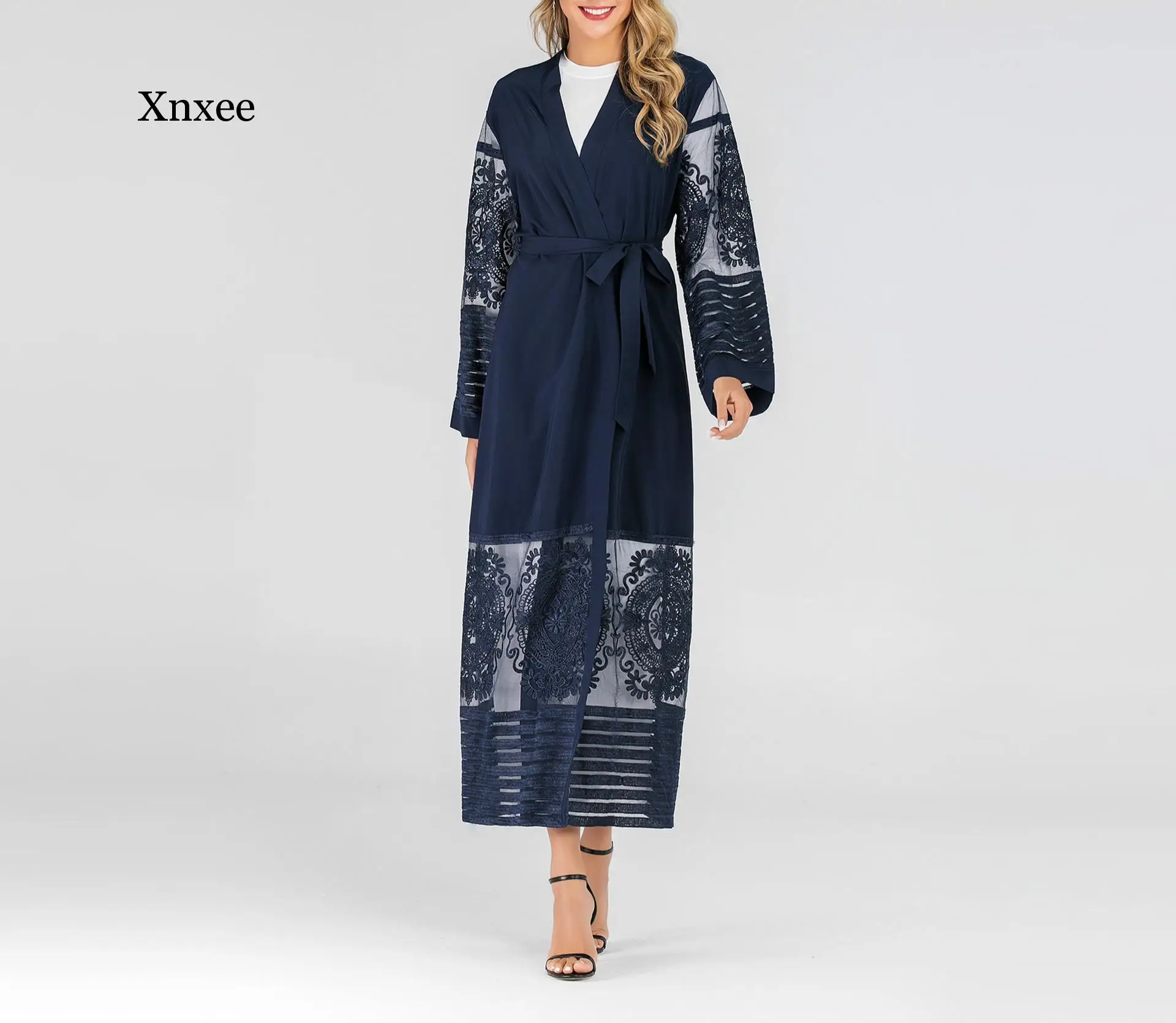 

Embroidery Lace Maxi Dress Hollow Out Open Cardigan Long Robe Party Clothing