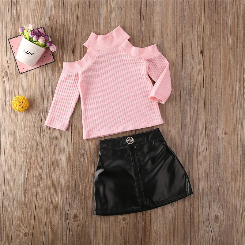

Free shipping Toddler Kids Baby Girl clothes Long Sleeve Turtle Neck solid off shoulder Tops solid zipper Skirts 2pc cute Outfit