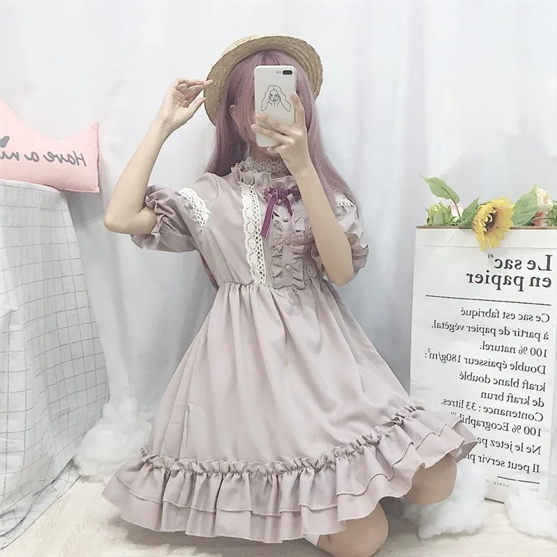 Sweet Pink Lolita Dress Lace Cute Ruffles High Waist Bow Sleeve Princess Fairy Dream Tea Party JSK Girls Women | Тематическая
