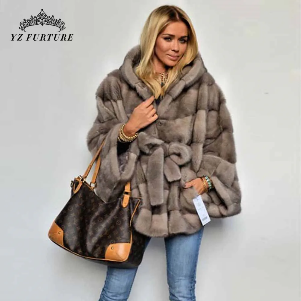 2020 New Real Mink Fur Coat With Hood Bat Sleeve Pelt Fur Natural