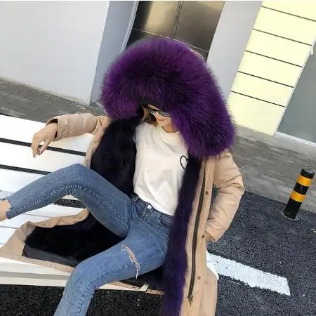 winter fashion real fox hair liner detachable women real fox fur collar warm hooded high quality women fur coat parka - Цвет: 13