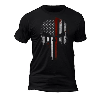 

USA Firefighter Thin Red Line Flag Skull - Flag on Sleeve T-Shirt