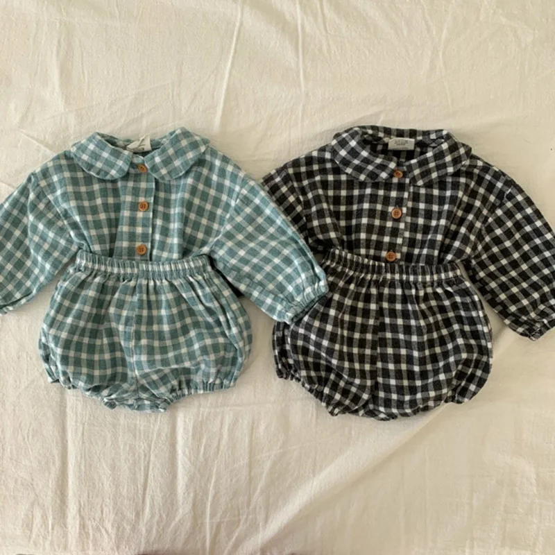 1300.0¥ 30% OFF|Milancel 女の赤ちゃんのための2ピースの市松模様の服のセット,長袖のシャツとブルマ,フ...