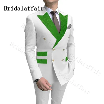 Bridalaffair Classic Burgundy Paisley Lapel Pockets Men Suits White Wedding Groom Suits Double Breasted Costume Homme 2 Piece 2