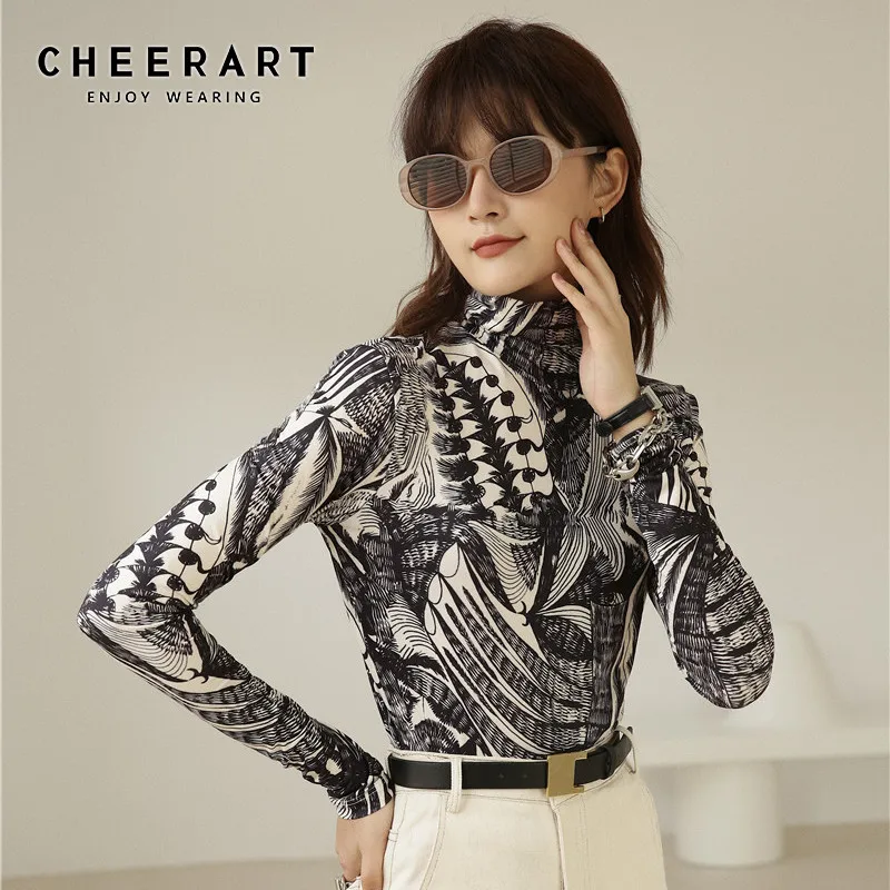 CHEERART футболка с длинным рукавом и черепаховым вырезом Женская водолазка принтом