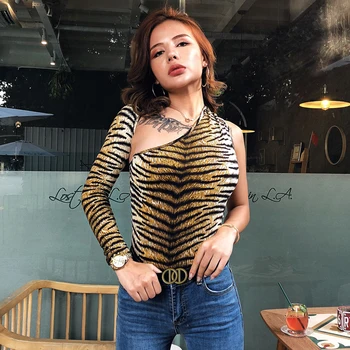 

BONJEAN Tiger Pattern Halter One Shoulder Sexy Bodysuit Women New Fashion Summer And Autumn Bodycon Casual Long Sleeve Body