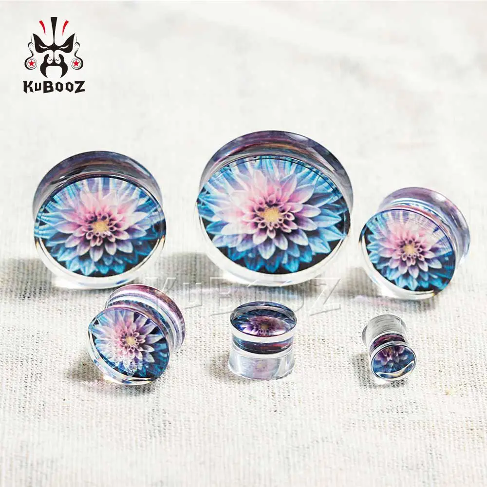 Kubooz New Colorful Flowers Design Simple Transparent Arylic Ring Body Jewellery Fashion Ear Plugs Gaugues Tunnels 2PCS
