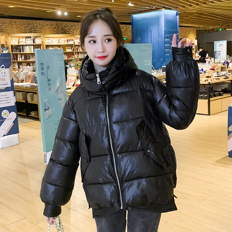 

Толстая свободная зимняя куртка, женские блестящие парки с капюшоном, короткое Стильное однотонное повседневное пуховое пальто с воротником-стойкой и хлопковой подкладкой