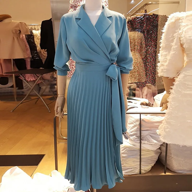 Осень, женские платья, одноцветные, с длинным рукавом, для офиса, леди, элегантное плиссированное платье, с зубчатым воротником, с длинным поясом, платье для женщин - Цвет: Blue