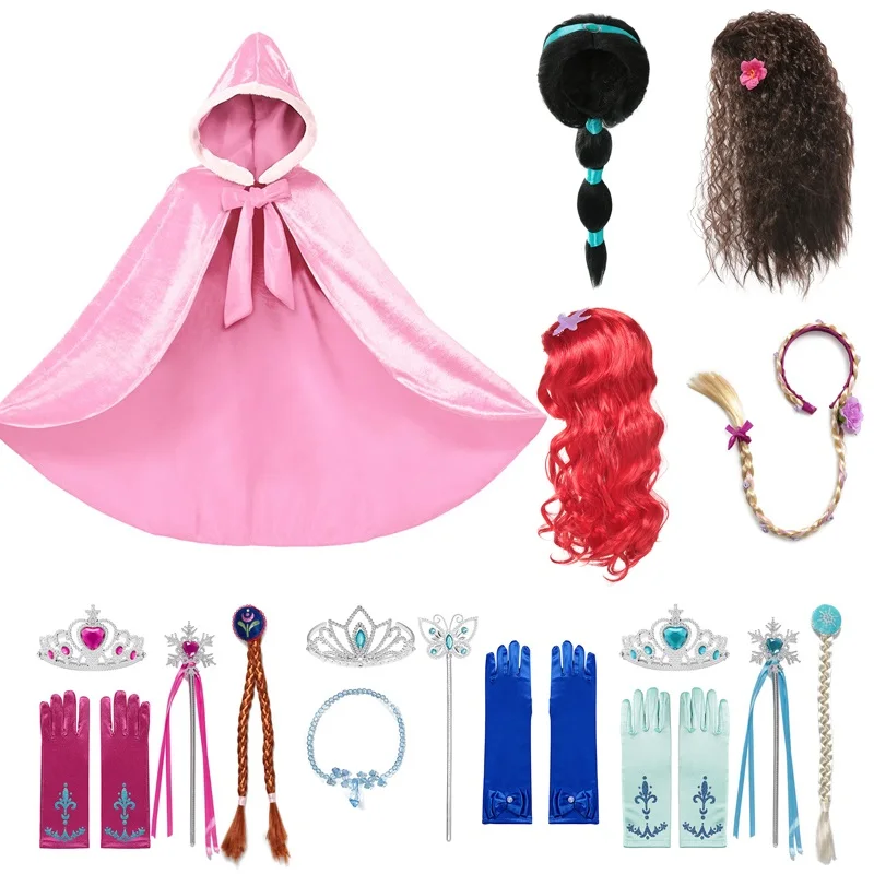 MUABABY Girls Princess Dress up Accessories Hair Braid Children Long Cloak Jasmine Elsa Wig Mal Evie Wigs Magic | Мать и ребенок