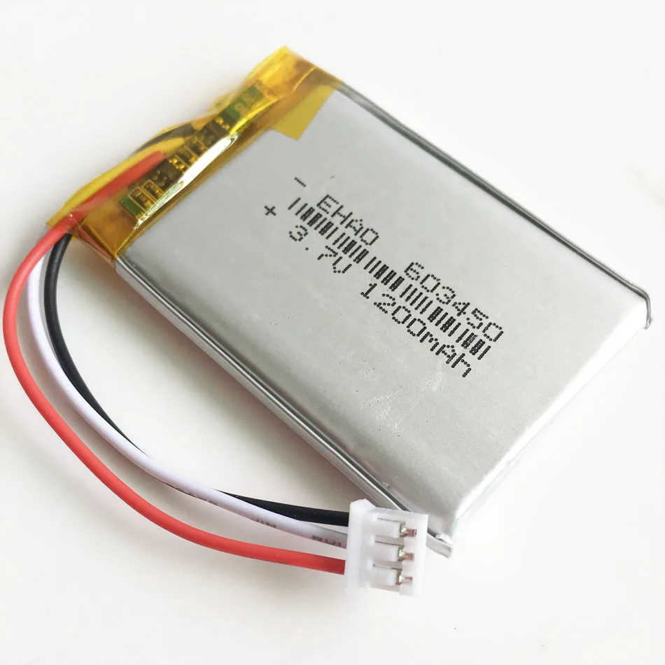 

JST PH 2.0mm 3pin connector 3.7V 1200mAh lipo polymer lithium rechargeable battery for GPS DVD recorder e-book camera 603450
