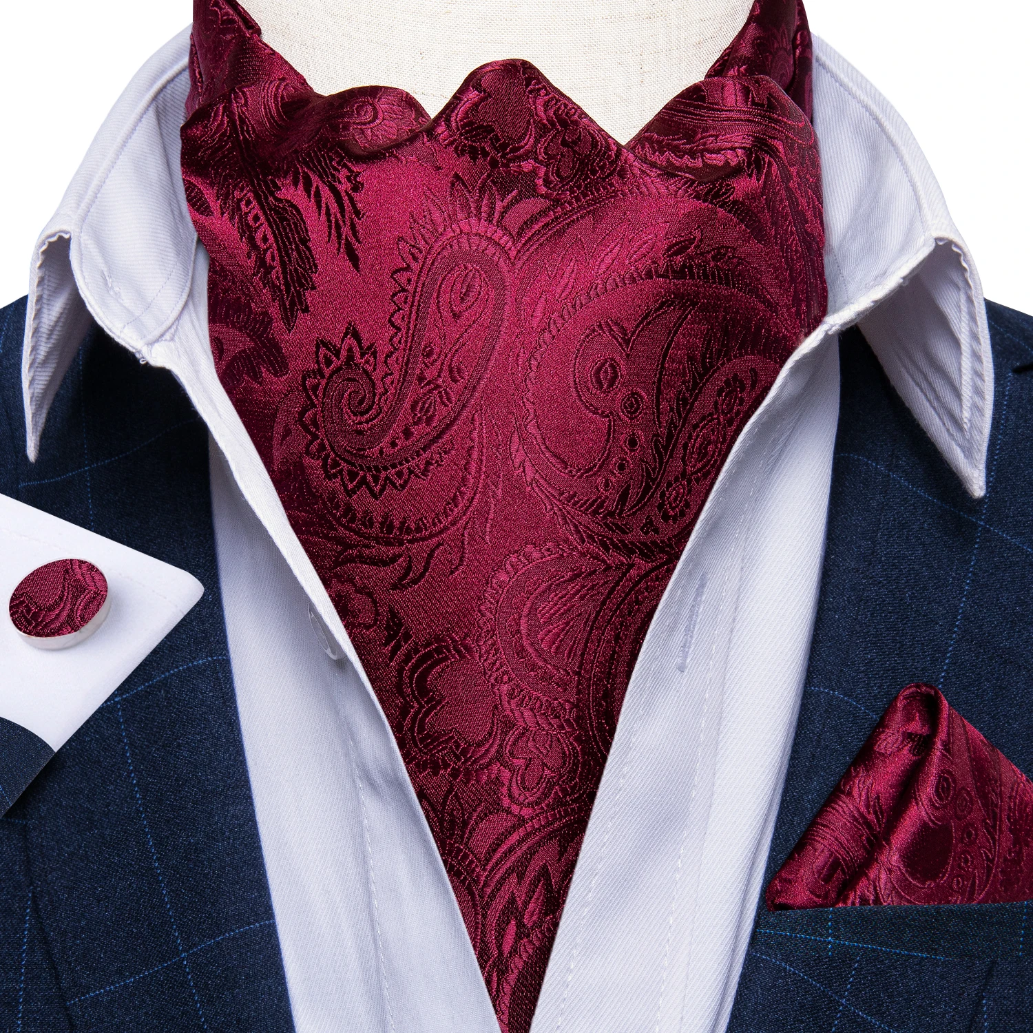 Men Vintage Red Paisley Floral Silk Ascot Tie Set Wedding Formal Party Cravat Necktie Pocket Square Cufflinks 3pcs Set DiBanGu silk men s tie set hanky cufflinks set ties for men luxury paisley blue luxury wedding party necktie