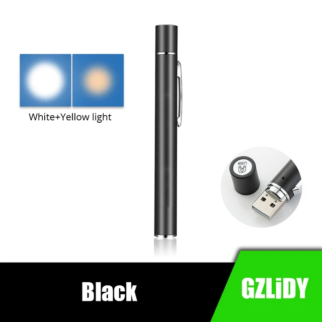 Mini LED Flashlight with Tail Magnet USB Rechargeable Torch Cold White + Yellow Light Medical Pen Lights Portable Lantern Black