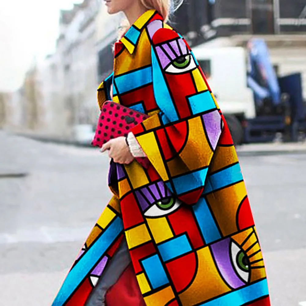 Autumn Winter Trench Coat Fashion Geometric Print Color Coat Female Casual Long Cardigan Coat Turn-Down Collar Vintage Outwear