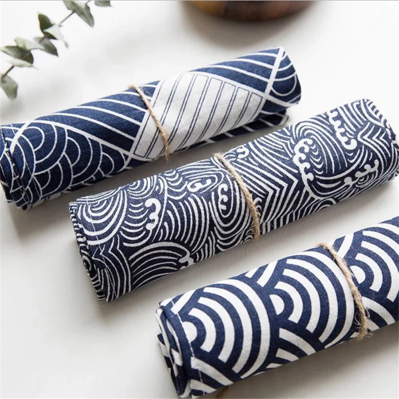Cotton Linen Home Background Cloth Table Napkin Decoration Napkins Plaid Fan-Shaped Printed Retro Style Napkin