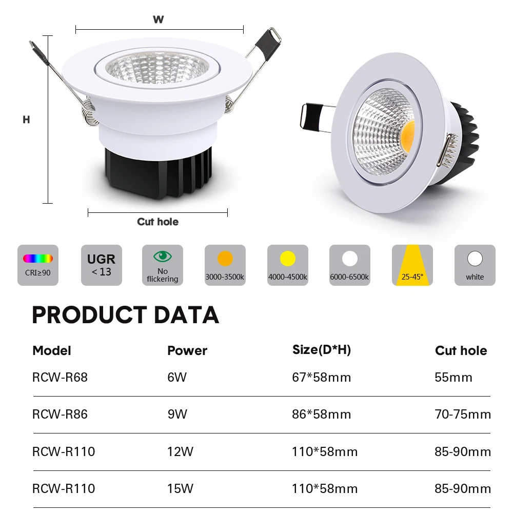 [DBF] Черный/Белый Круглый Встраиваемый светодиодный СИД Dimmable вниз светильник COB 6