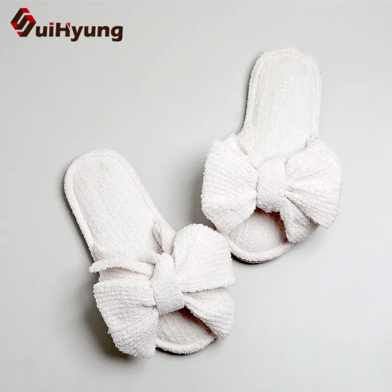 

Suihyung Big Bow-knot Women Fluffy Slippers Winter Warm Soft Home Plush Slippers Non-slip Indoor Shoes Ladies Flock Cotton Shoes
