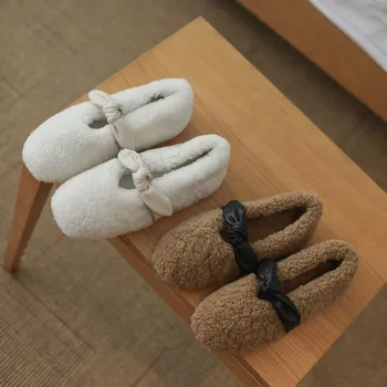 

Women Ladies Flat Shoes Woman Flats Female Winter Loafers 2020 New Round Toe Warm Wool Fur Butterfly-knot Casual Maternity Shoes