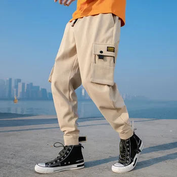 

2019 autumn new solid color overalls men's Velcro strapped multi-pocket pants