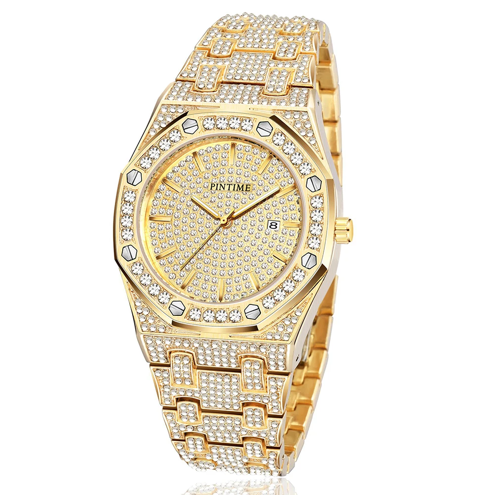 Новинка золотые часы для мужчин роскошный бренд алмаз мужские Топ Роскошные Iced Out