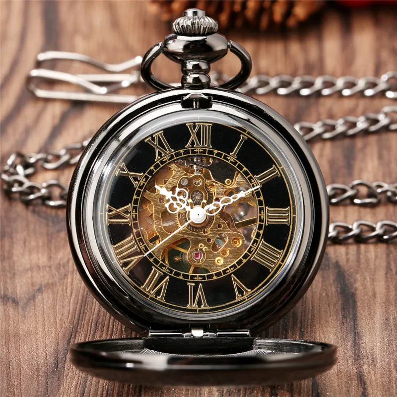 Gold Roman Numerals Transparent Glass Cover Men's Handwinding Mechanical Pocket Watch Pendant Clock with Black Fob Chain Gift