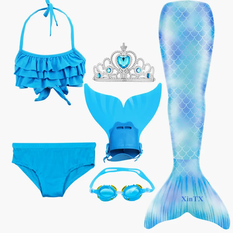 Новинка; детский купальный костюм русалки с хвостом; летнее платье для девочек; купальник-бикини с ожерельем и короной