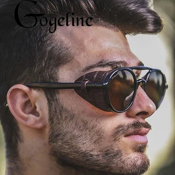 

Retro Round Sunglasses Steampunk Men Women Brand Designer Leather Windproof UV400 Lens Eyeglasses 2020 Double beam for Female