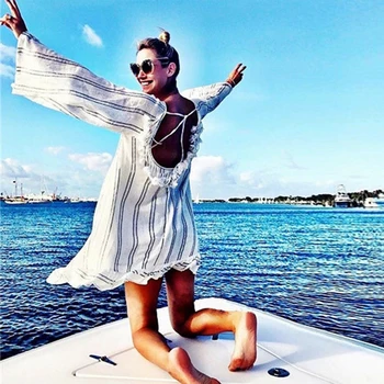 

Sexy New Backless Tunic For Beach Cover Up Boho Summer Striped Beach Dress Emale Sarafans Flare Sleeve Women Holiday Beachwears