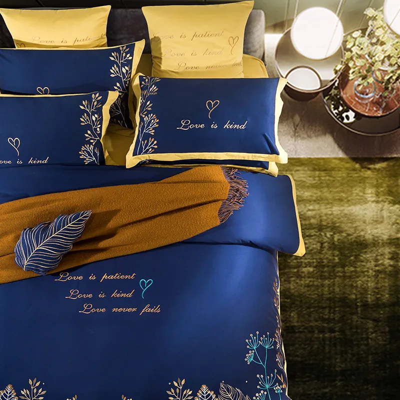

European Style Luxury Embroidery Cotton Bedding Set 4pcs/set Duvet Cover Flat Sheet Pillowcase bed linen King Queen Size #sw