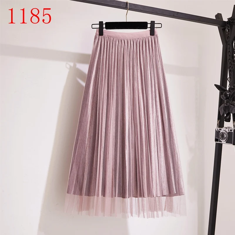 pink 1185 GIGOGOU люрекс Женские Плиссированные Юбки миди Весна Лето шик леди Высокая талия линия юбка Мода Кружева Тюль Макси Юбка Femme - Цвет: pink 1185