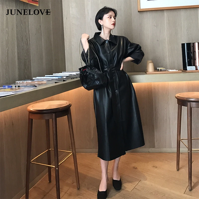 Женский Длинный Тренч JuneLove модная Осенняя ветровка из искусственной кожи