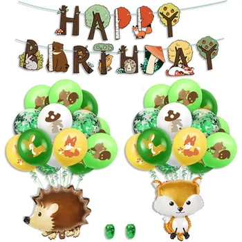 

Jungle Animal Theme Birthday Party Balloon Set Squirrel Fox Pattern Sequin Latex Balloon Tree Animal Banner Party Decoration