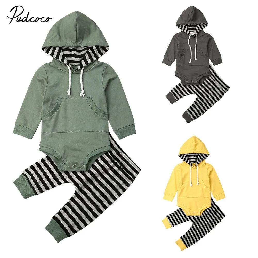 

2019 Brand Infant Toddler Baby Boy Solid Hoodie Tops Romper Long Striped Pants Outfits Set Autumn New Casual Tracksuit 2Pcs
