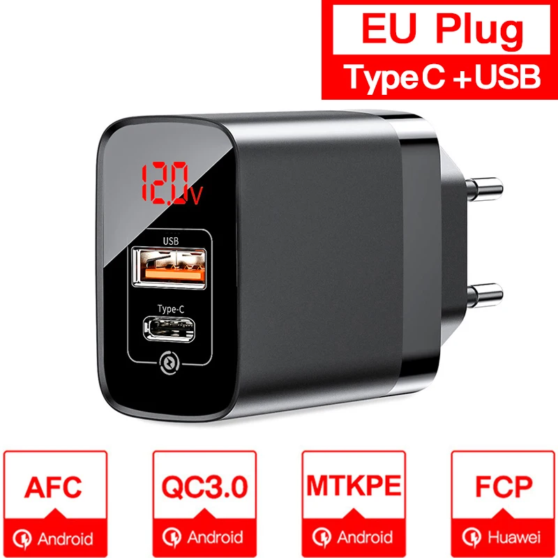 EU Plug Black PD C Baseus цифровой дисплей Быстрая зарядка 3,0 USB зарядное устройство 18 Вт PD 3,0 быстрое зарядное устройство для iPhone 11 Pro зарядное устройство для мобильного телефона USB C зарядное устройство - Тип штекера: EU Plug Black PD C