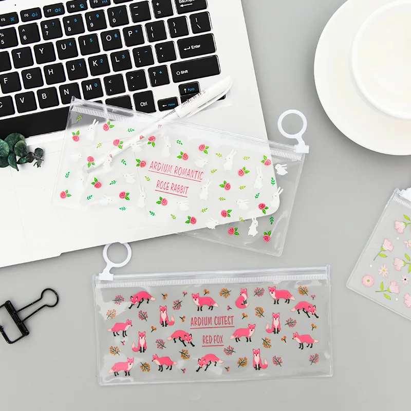 

1 Pcs Kawaii Pencil Bag Flower Fox Rabbit Lovely Student School Stationary Pen Pouch Cute Storage Zipper Bag Office Supplies