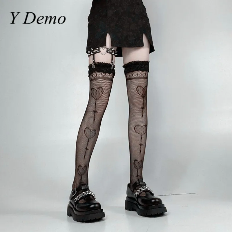 

Y Demo Gothic Sexy Spider Web Women Lolita Elastic Stockings Heart Pattern Harajuku Hollow Out Punk Black Long Stockings